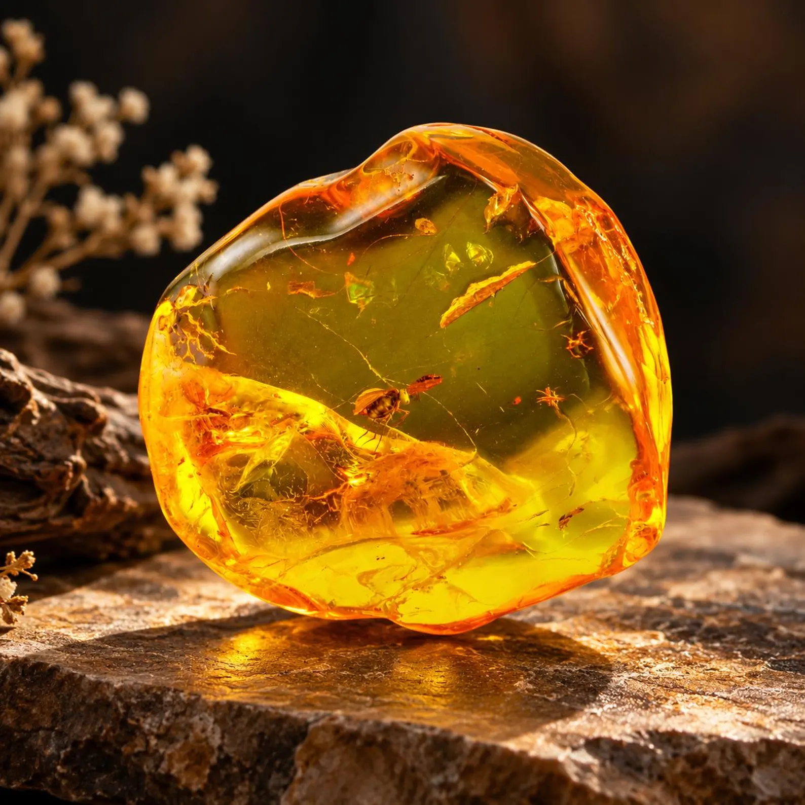Polished golden Baltic amber stone on rustic stone