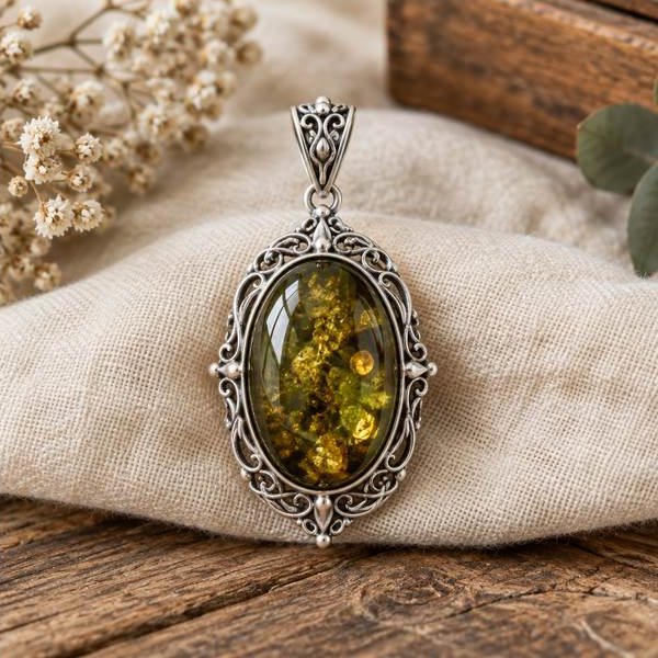 Green Amber Filigree Pendant